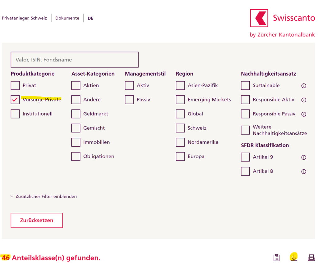 Swisscanto Auswahl an Vorsorgefonds für Privatpersonen